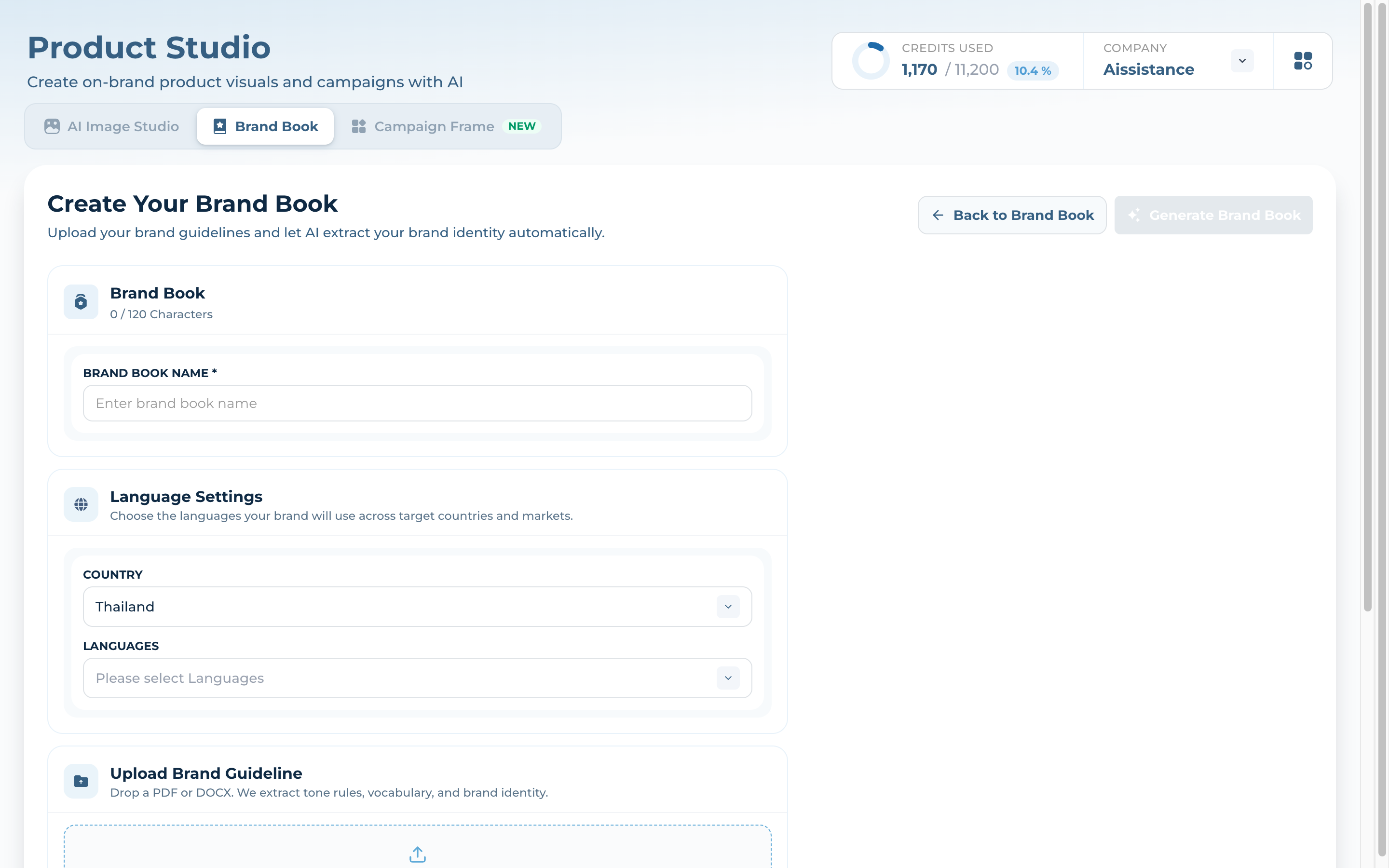 Create Your Brand Book form showing the Brand Book name field and Language Settings with Country and Languages