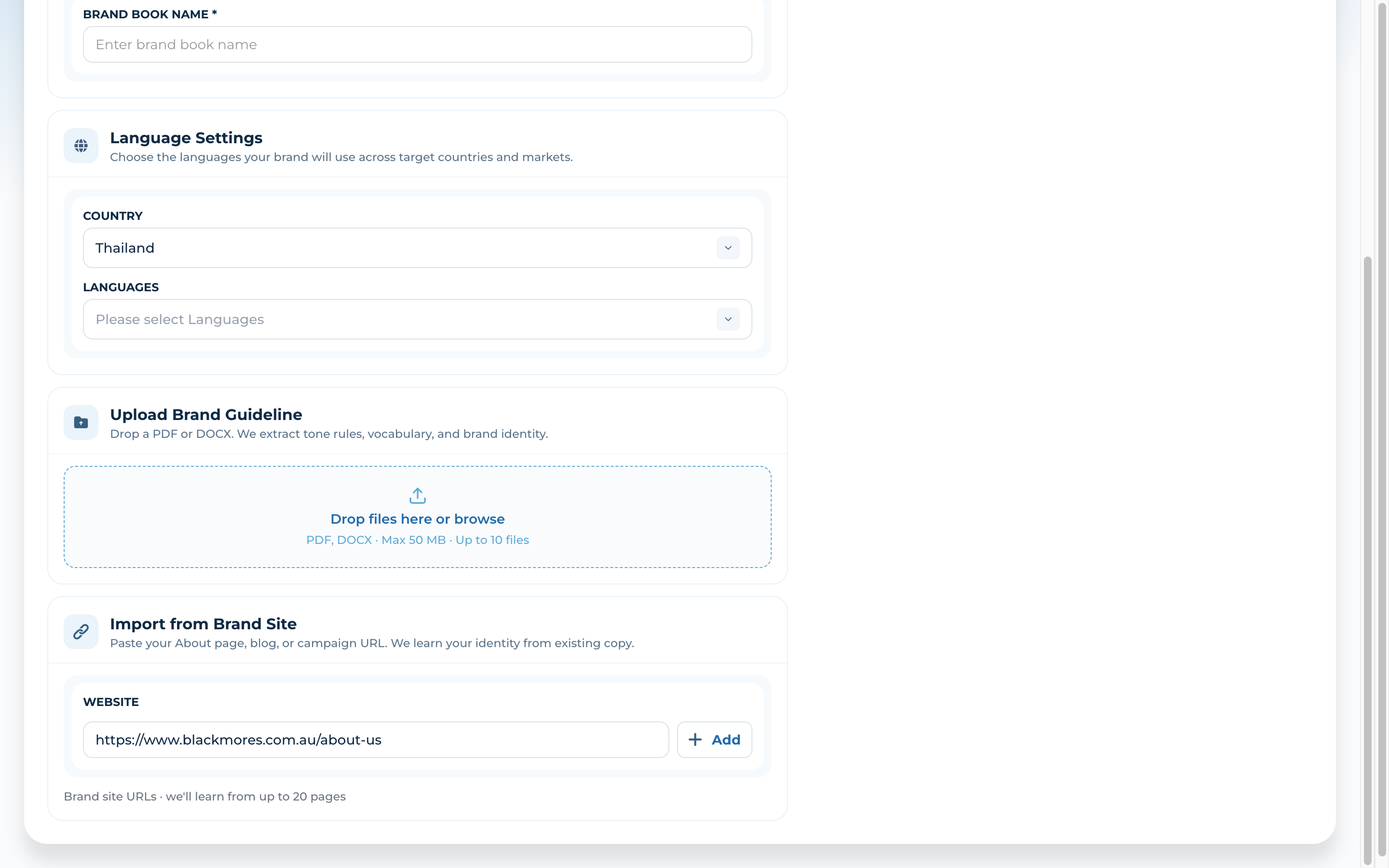 Create Brand Book form: Upload Brand Guideline drop zone and Import from Brand Site URL field