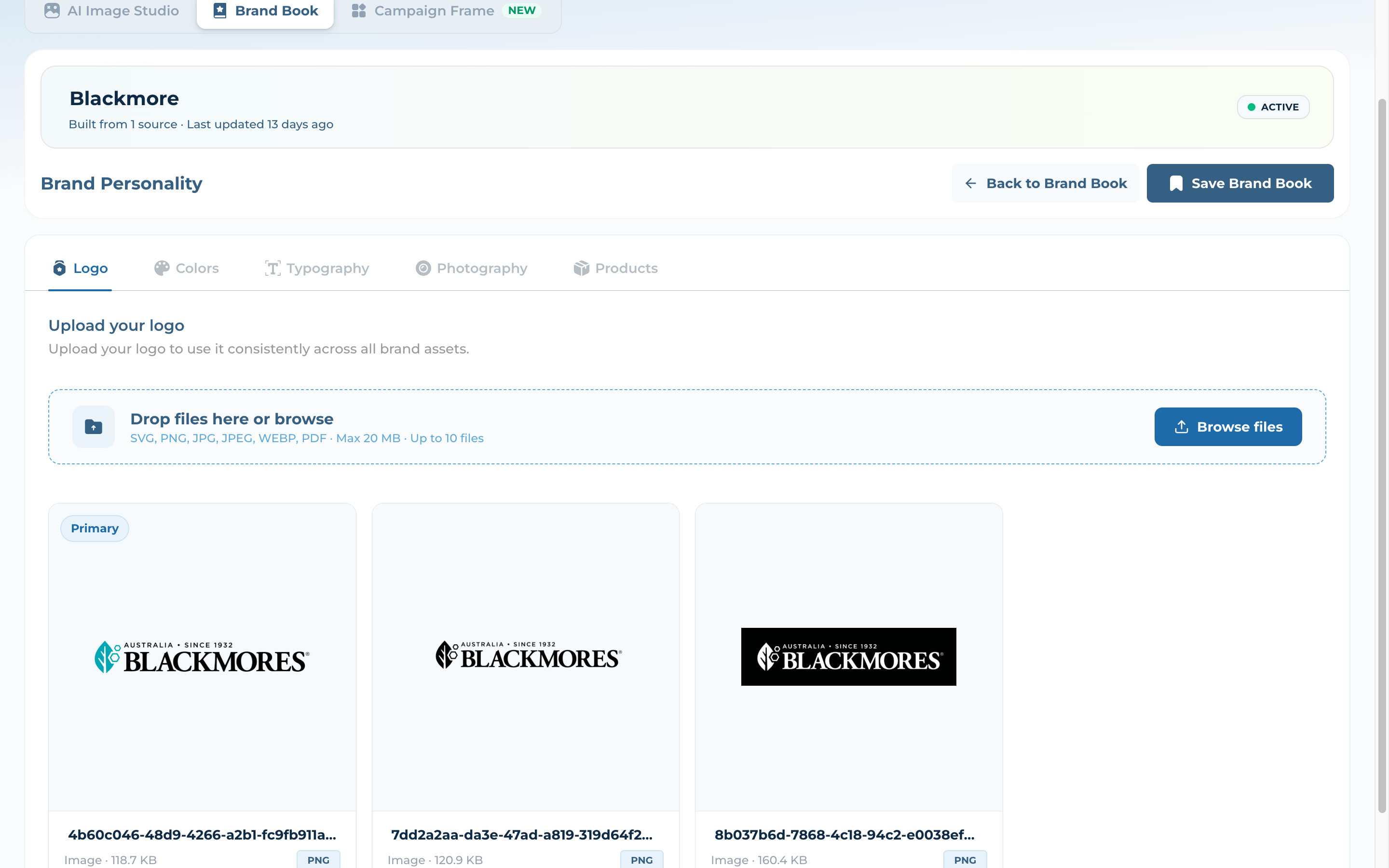 Brand Book editor on the Logo tab with the Brand Personality header, the five tabs, and the logo upload area
