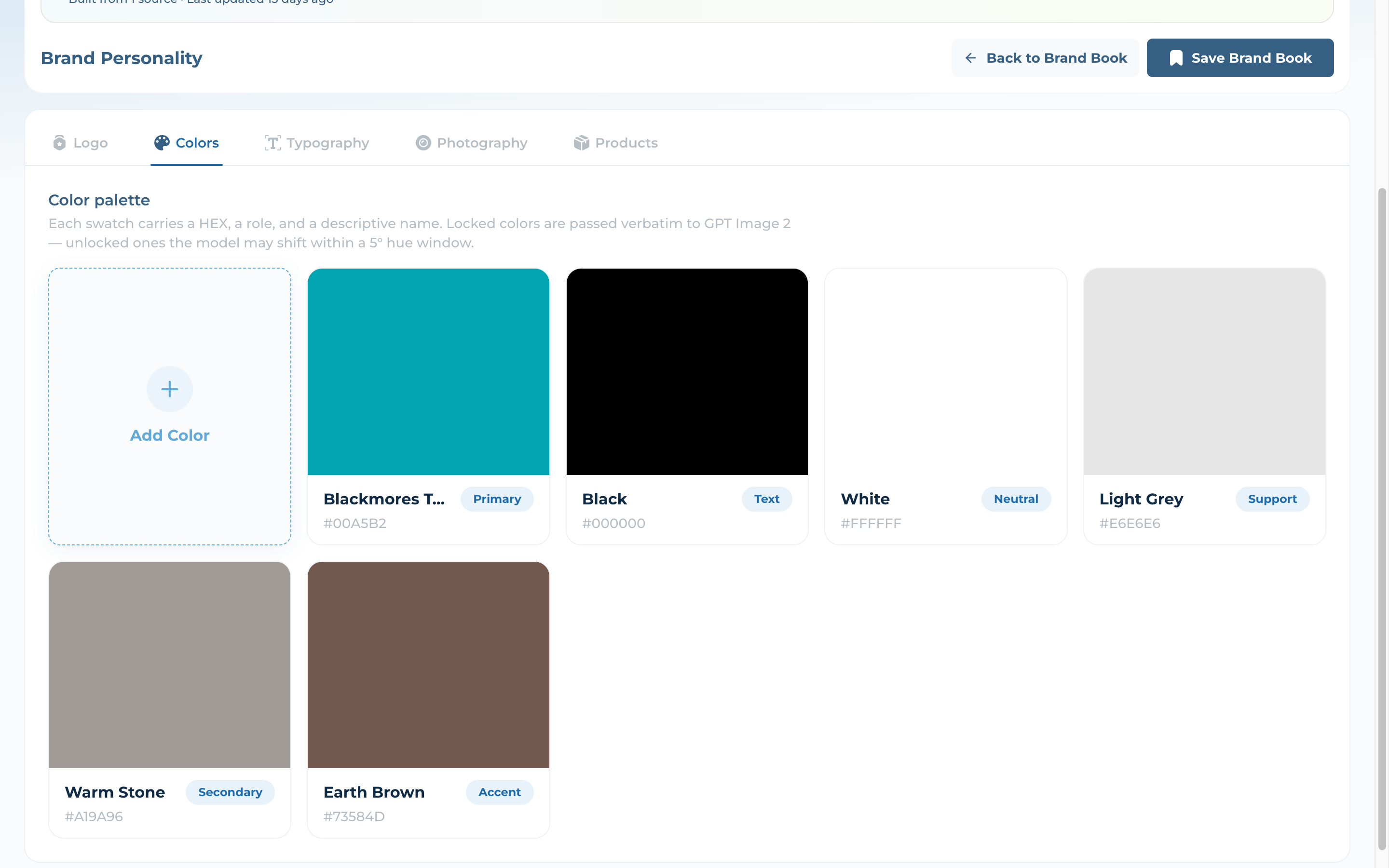 Colors tab showing the brand palette as swatches, each with a HEX value, a role and a descriptive name