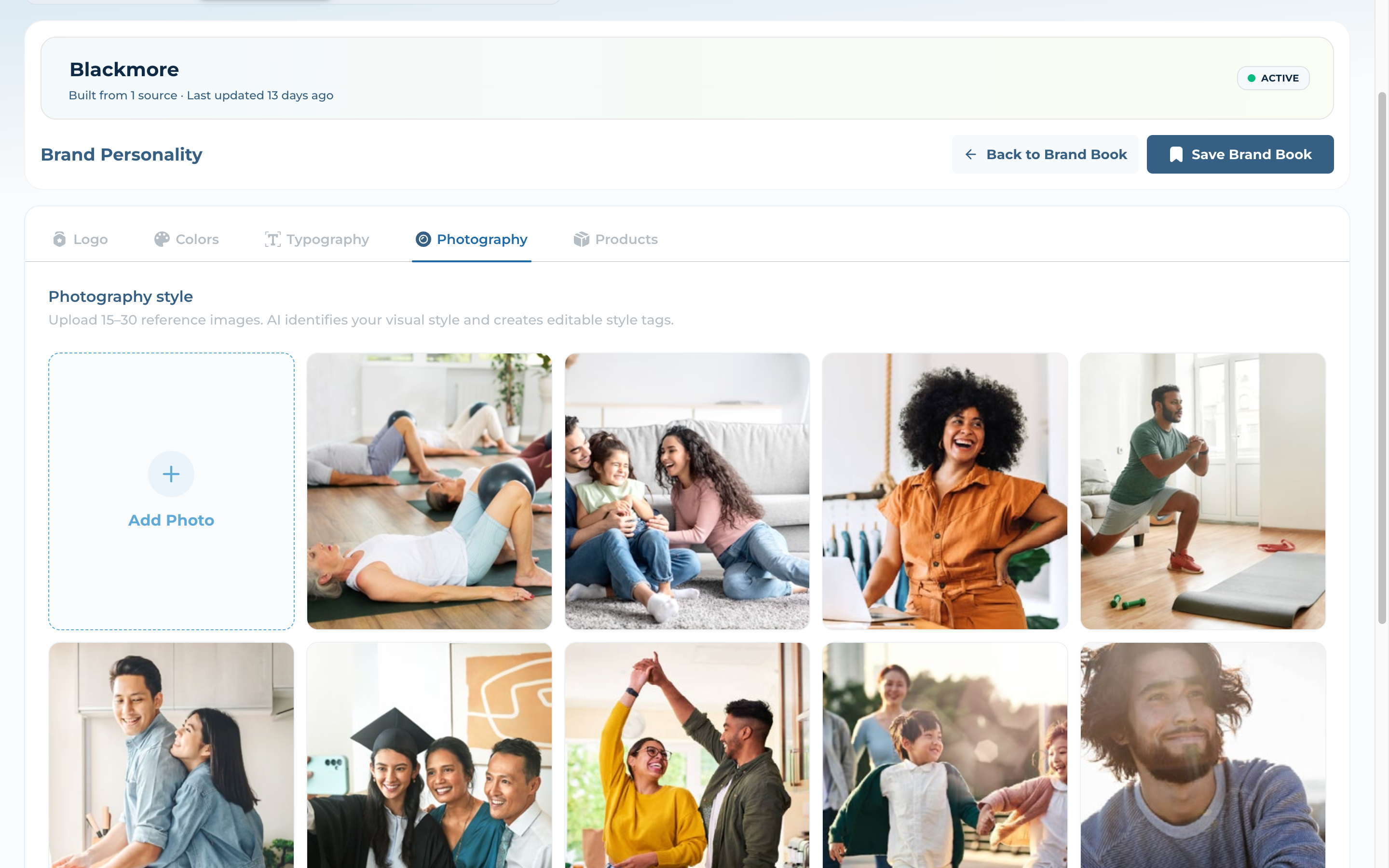 Photography tab showing a grid of 15 to 30 reference images the AI reads for visual style