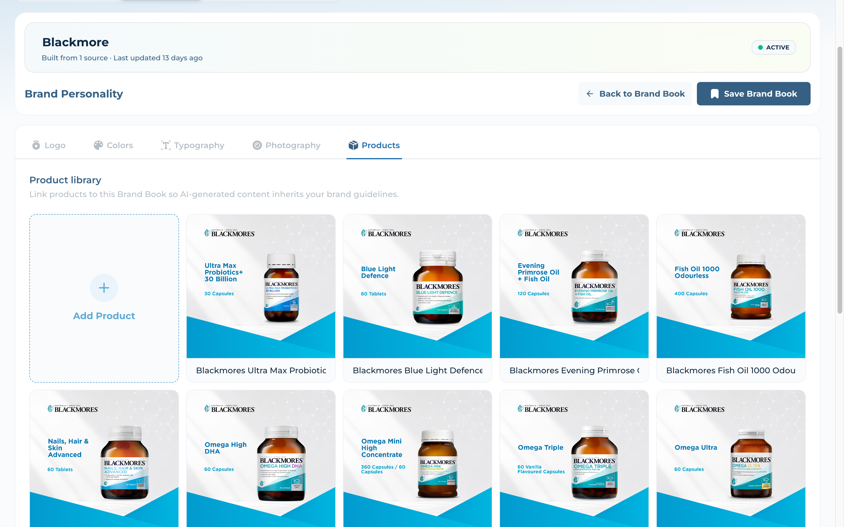 Products tab showing real product SKUs linked to the Brand Book so generated content inherits the brand