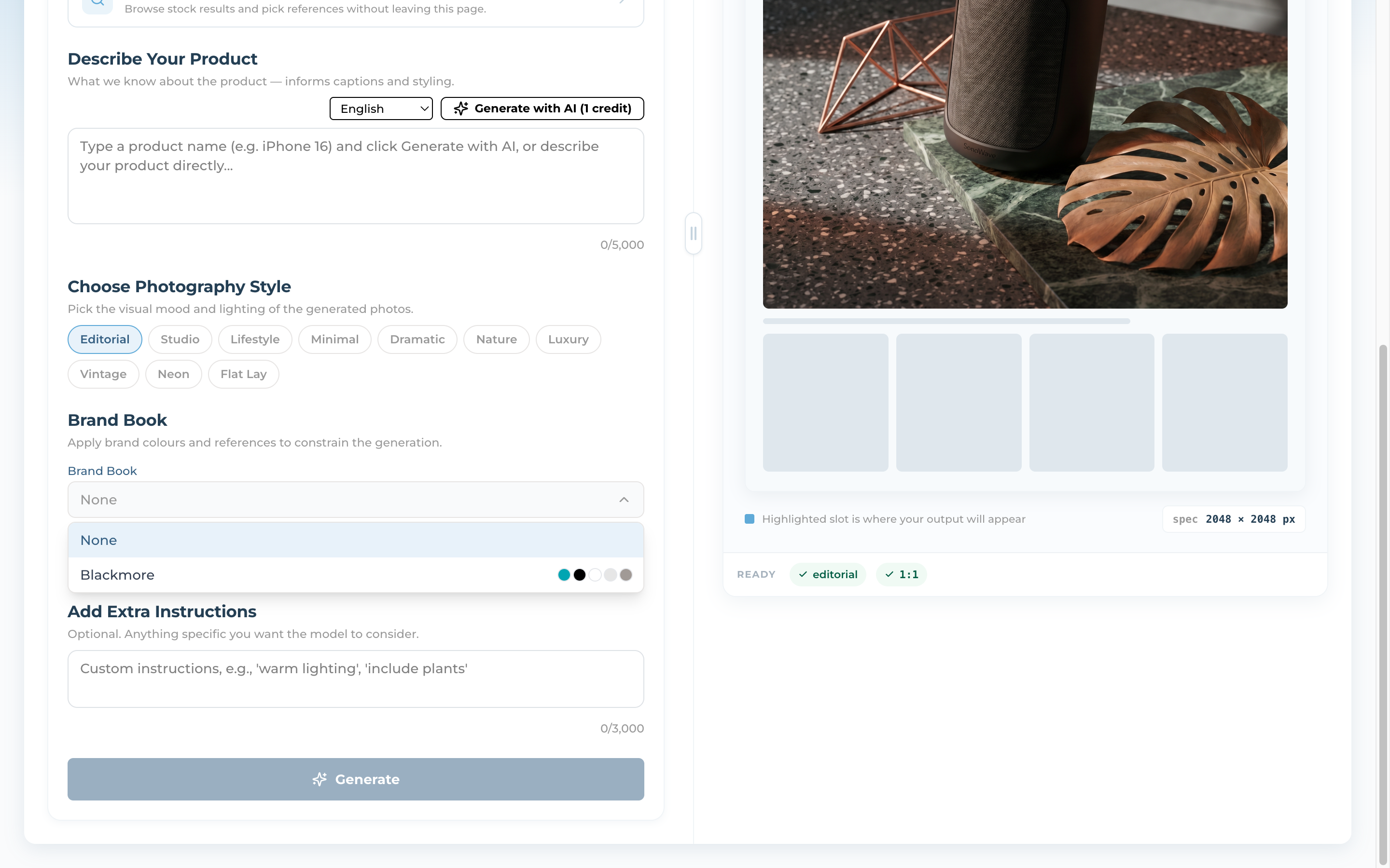 AI Image Studio with the Brand Book dropdown and Photography Style presets that constrain the generation